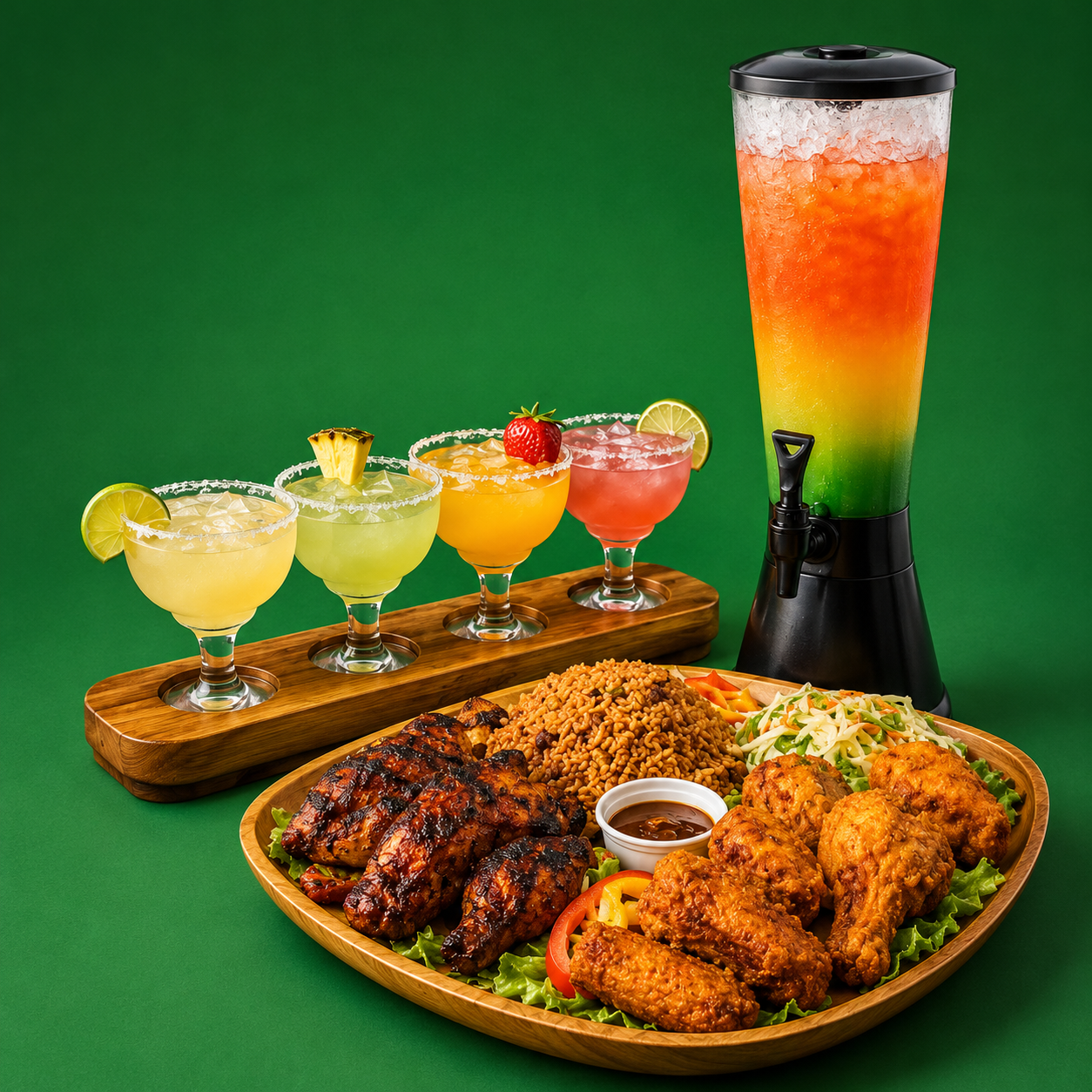 Ella's summer sharing platter with grilled jerk chicken, fried chicken, rice & peas, slaw, plus a margarita flight and a rasta-colored drink tower