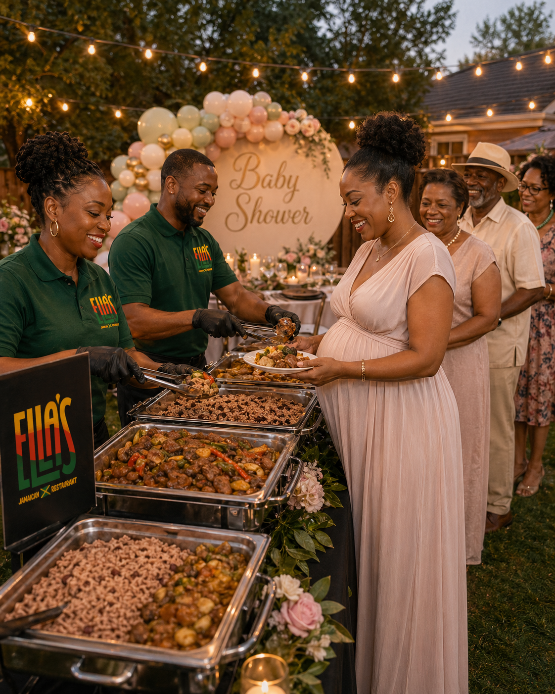 Jamaican catering spread by Ella's